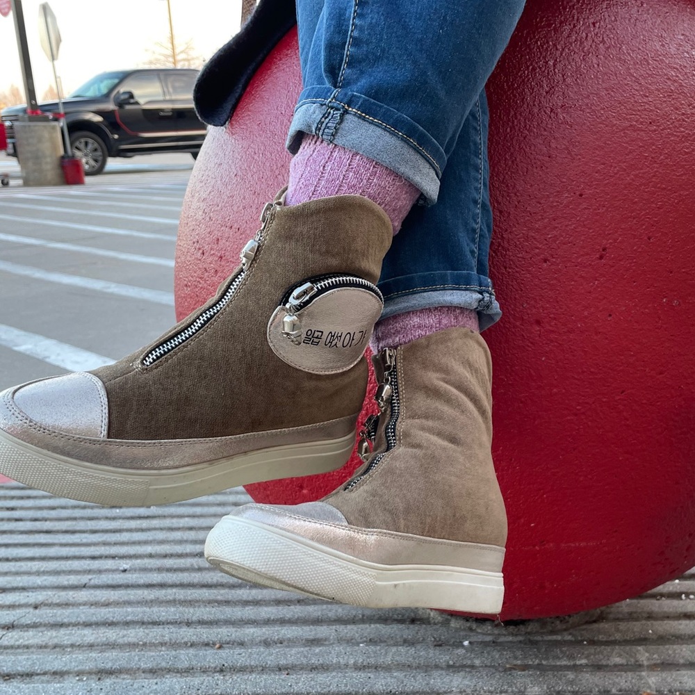 Zip up booties. Taupe Suede w/gold glitter accents